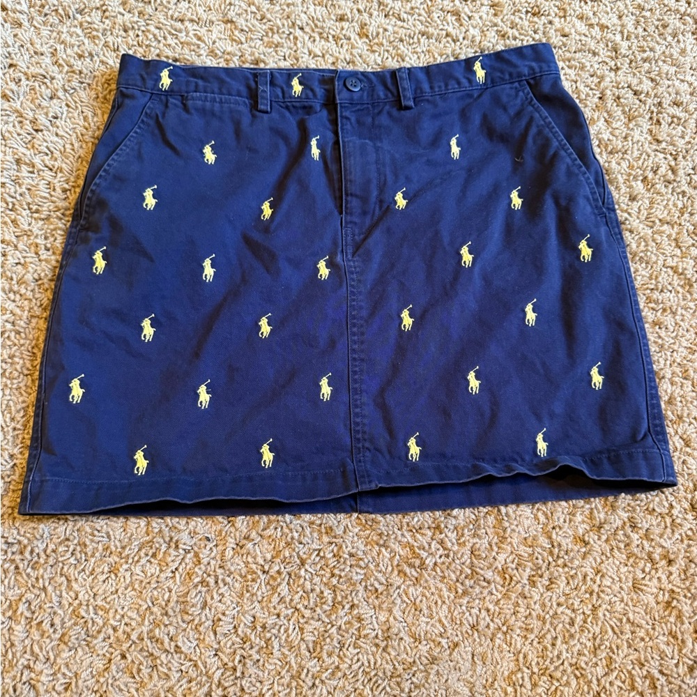Polo by Ralph Lauren Navy Blue Skirt with Yellow Embroidered Logo Accents Size 8